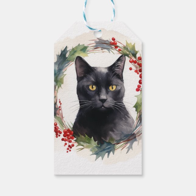 Etiqueta Para Presente Black Cat Wreath Festivo Kitten (Verso)