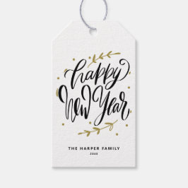 Etiqueta Para Presente Black Happy New Year Modern Calligraphy Wreath