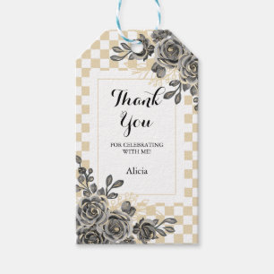 Etiqueta Para Presente Black Rose Flora Gold & White Xadrez Thank You