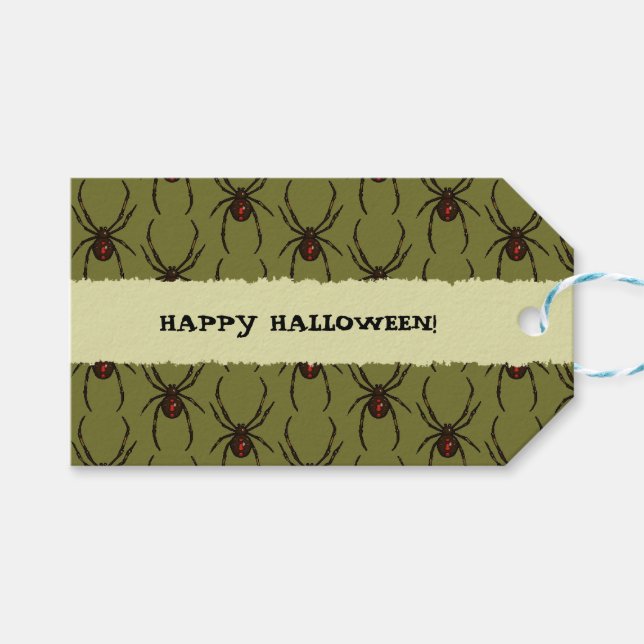 Etiqueta Para Presente Black Widow Spider Happy Halloween Pixel Pattern (Frente (horizontal))