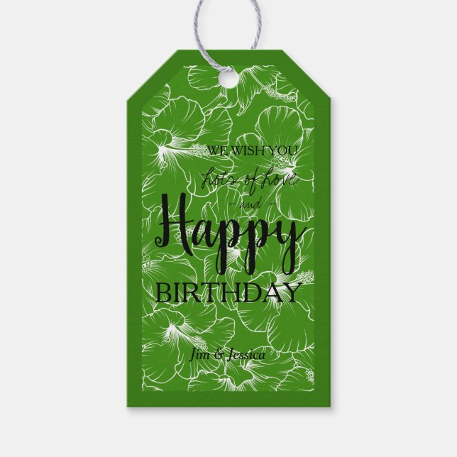 Etiqueta Para Presente Blooming Hibiscus Floral Sketch Verde (Frente)