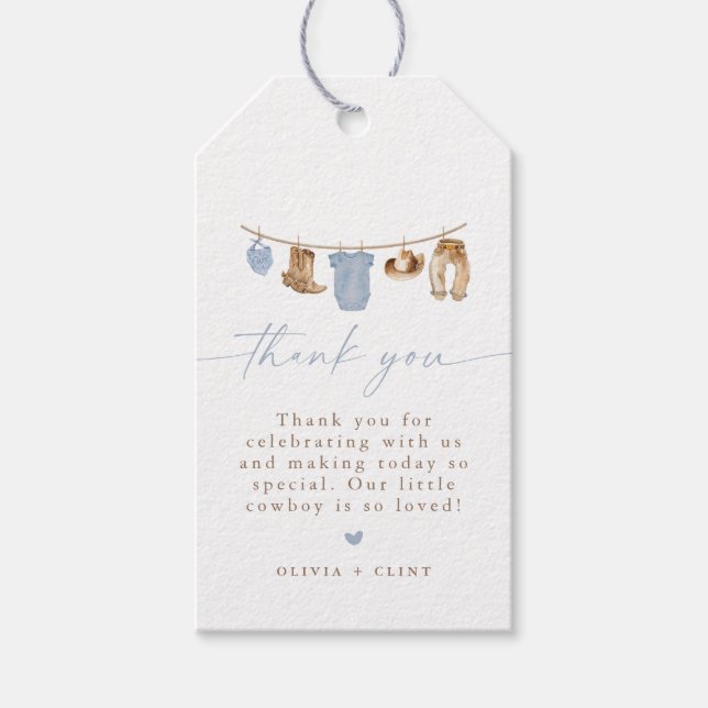 Etiqueta Para Presente Blue Baby Clothesline Little Cowboy Baby Shower (Frente)