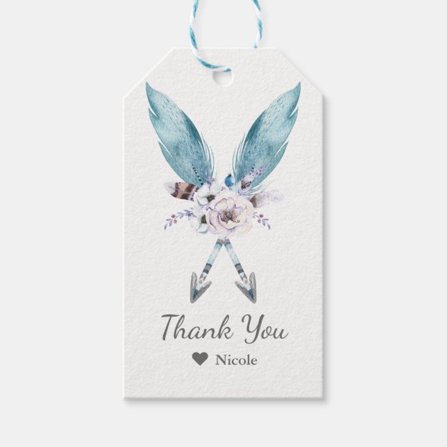 Etiqueta Para Presente Blue Boho Bohemian Arrows Feather Floral (Frente)
