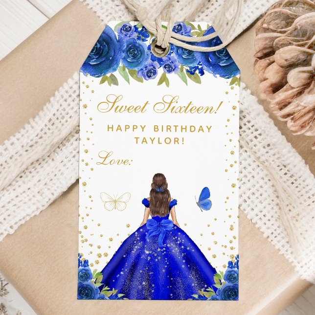 Etiqueta Para Presente Blue Floral Brunette Hair Princess Sweet (Criador carregado)