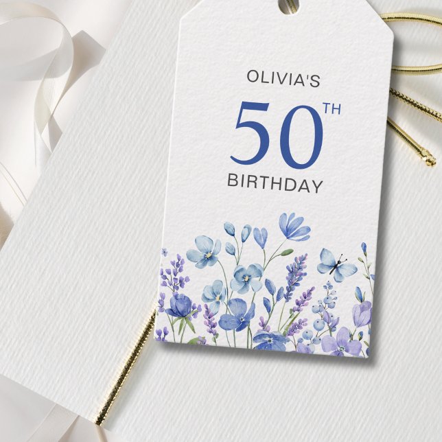 Etiqueta Para Presente Blue Floral Personalizado 50º aniversário (Criador carregado)
