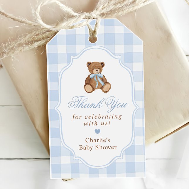 Etiqueta Para Presente Blue Gingham Elegant Teddy Bear Baby Shower (Criador carregado)