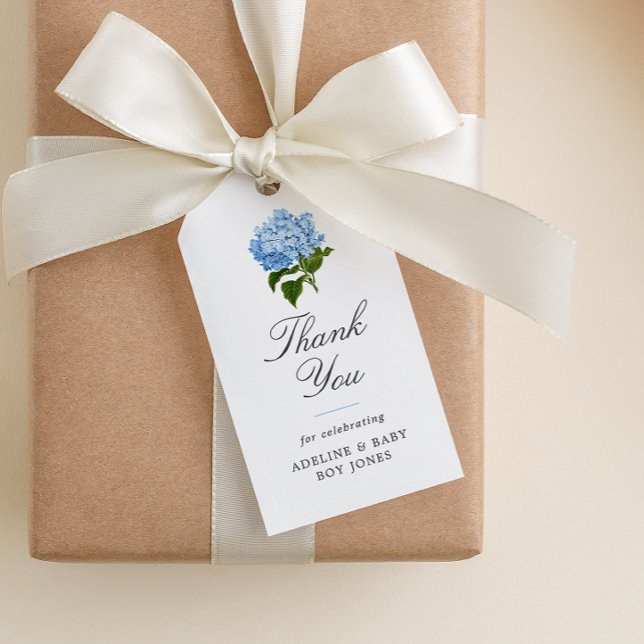 Etiqueta Para Presente Blue Hydrangea Elegante Obrigado Baby Shower (paper baby shower favor gift tag with elegant fonts and blue hydrangea blossom)