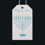 Etiqueta Para Presente Blue Menorah, Happy Hanukkah<br><div class="desc">Uma etiqueta de presente de Hanukkah com uma menorah azul turquesa sobre fundo marmoreado na cinza e um texto de Hanukkah feliz.</div>