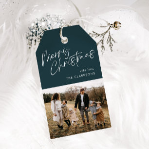 Etiqueta Para Presente Blue Modern Simple Script Foto Feliz Natal