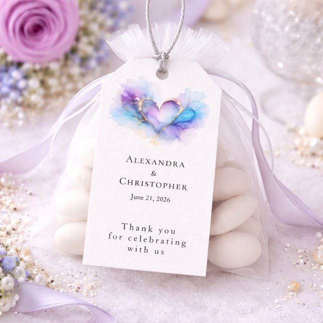 Etiqueta Para Presente Blue Purple Gold Abstract Heart Wedding  (Criador carregado)