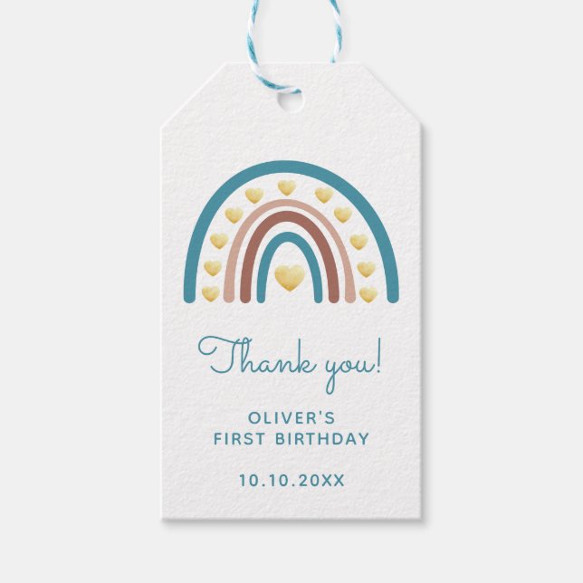 Etiqueta Para Presente Blue Rainbow Primeiro Aniversário Obrigado (Frente)