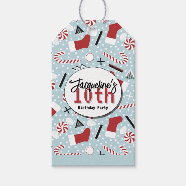 Etiqueta Para Presente Blue Retro Christmas Peppermint Birthday (Frente)
