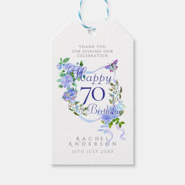 Etiqueta Para Presente Blue Rose Ribbon 70th Birthday (Frente)