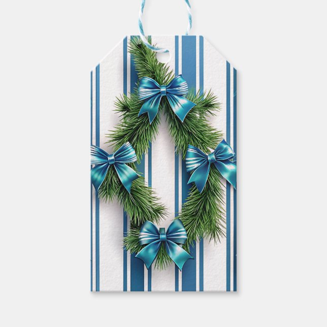 ETIQUETA PARA PRESENTE BLUE & WHITE HOLIDAY BOWS & STRIPES WITH GARLAND (Frente)
