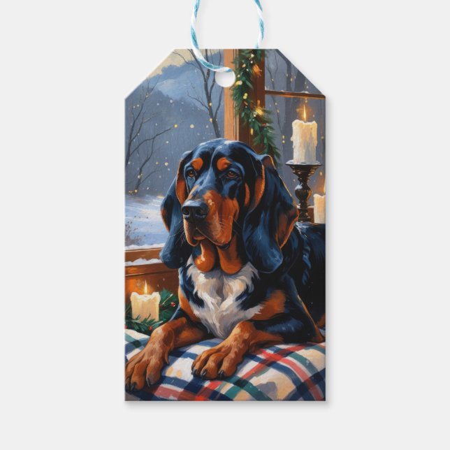 Etiqueta Para Presente Bluetick Coonhound Com Luzes de Natal Feriado (Frente)
