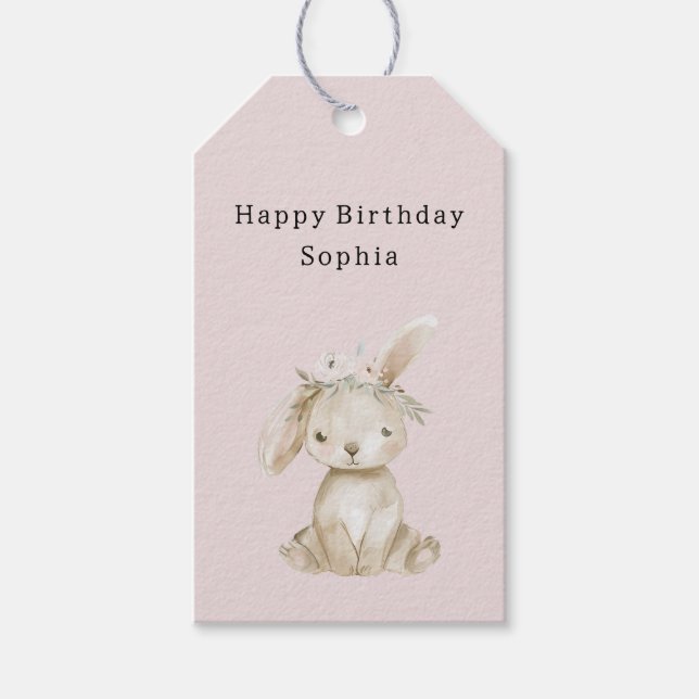 Etiqueta Para Presente Blush Pink Flowers Bunny Birthday (Frente)