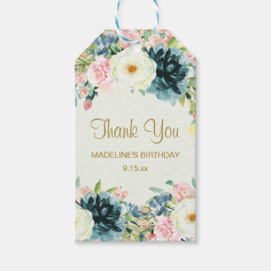 Etiqueta Para Presente Blush Rosa Azul-Celeste Creme Floral Aniversário O