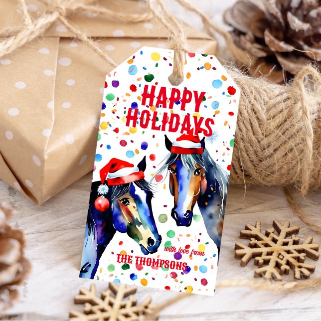 Etiqueta Para Presente Boas festas de Natal (Horses themed Christmas happy holidays gift tags watercolor two horses with Santa hats gift tags)