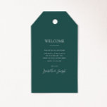 Etiqueta Para Presente Boas-vindas ao Casamento Verde Escuro<br><div class="desc">Essas etiquetas de presentes verdes escuras são perfeitas para o seu clássico casamento verde-escuro neutro e minimalista. O design apresenta a fonte básica mínima contemporânea e a delicada caligrafia formal do chic. Está certo de completar sua queda de conto de fadas pastel, verão, primavera ou casamento outono. Mantenha-o como está,...</div>