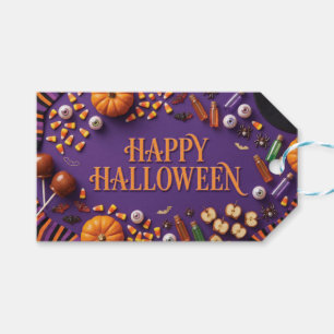 Etiqueta Para Presente Boas Vindas de Halloween em Flat Lay sobre Roxo