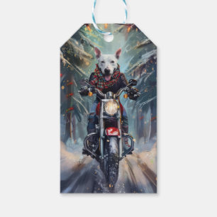 Etiqueta Para Presente BoBull Terrier Dog Dirigindo motocicleta Natal