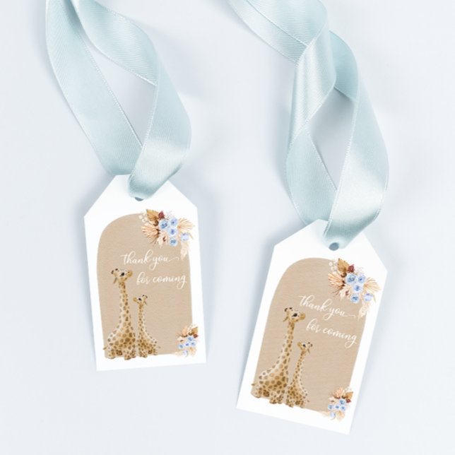 Etiqueta Para Presente Boho Baby Blue Pampas Grass Giraffe Obrigado (Criador carregado)
