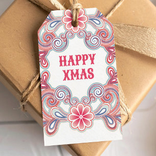 Etiqueta Para Presente Boho Feliz Natal Redemoinhos Vermelhos e Roxos