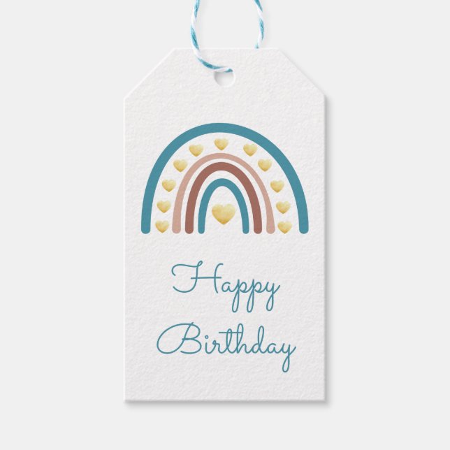 Etiqueta Para Presente Boho Rainbow Happy Birthday Blue Boy Dags (Frente)