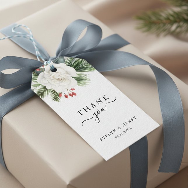 Etiqueta Para Presente Boho Script Typografia Evergreen Wedding Obrigado (Criador carregado)