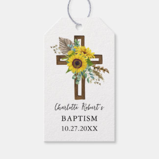Etiqueta Para Presente Boho Sunflower & Eucalyptus Rustic Cross Baptism