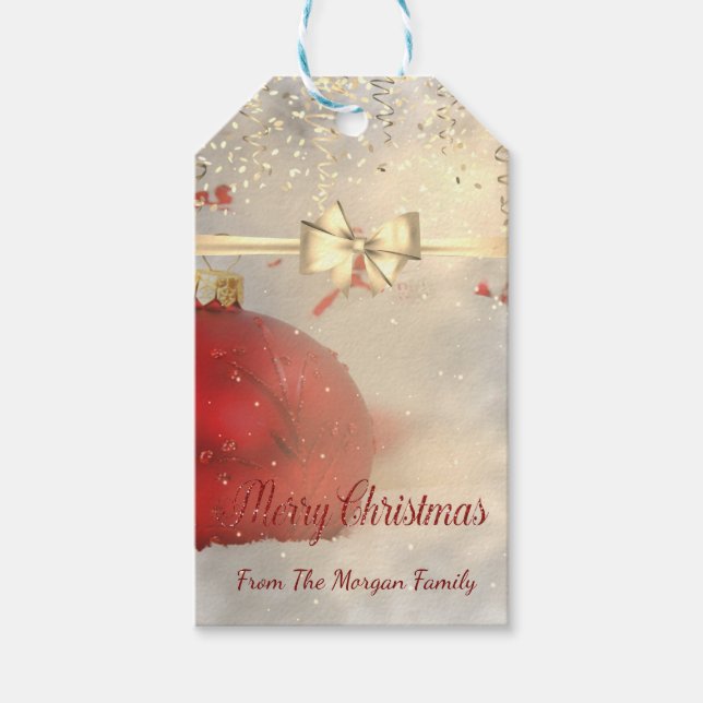Etiqueta Para Presente Bolas de Natal Elegantes, Laço, Confetes (Frente)