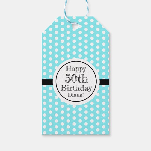 Etiqueta Para Presente Bolinhas Azuis E Brancas 50º Aniversário (Frente)