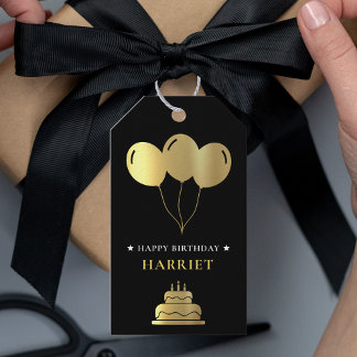 Etiqueta Para Presente Bolo de Aniversário do Balão Negro e Dourado