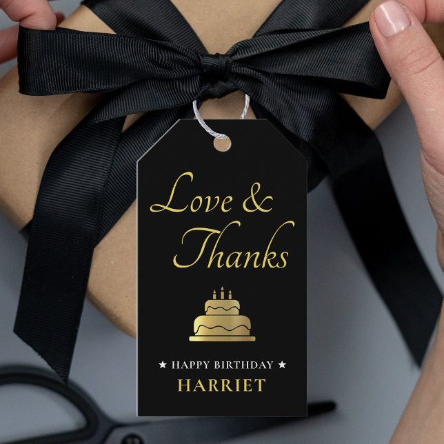Etiqueta Para Presente Bolo de Aniversário Preto e Dourado Obrigado (Black & Gold Birthday Cake Thank You Gift Tags)