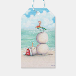 Etiqueta Para Presente Boneco de neve tropical da ioga na praia