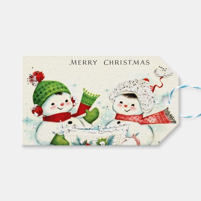 Etiqueta Para Presente Bonecos de Neve Retrô Kitsch (Frente (horizontal))