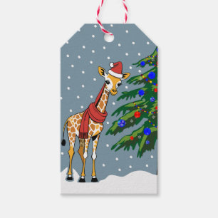 Etiqueta Para Presente Bonita Girafa Beanie e Scarf com árvore de Natal