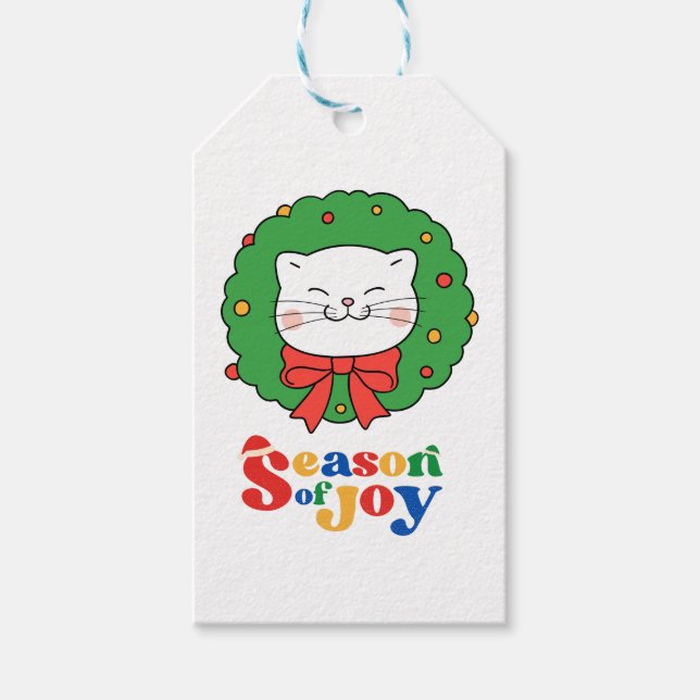 Etiqueta Para Presente Bonita Kawaii Cat Wreath Season of Joy (Frente)