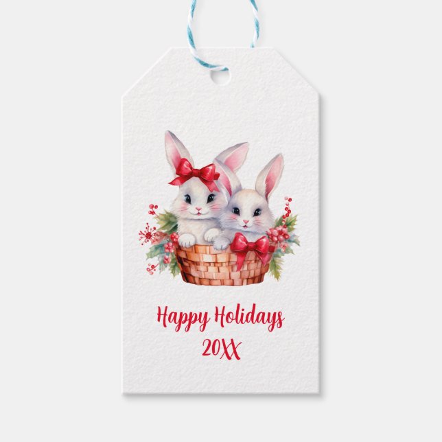 Etiqueta Para Presente Bonitas coelhinhas de Natal em uma cesta (Frente)