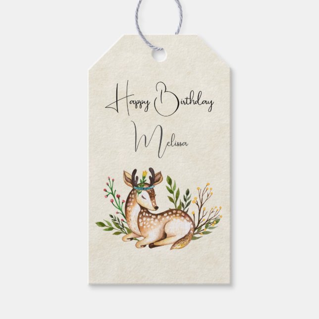 Etiqueta Para Presente Bonito Aquarela Deer Ling Down Boho Birthday (Frente)