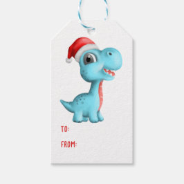 Etiqueta Para Presente Bonito Dinossauro Santa Hat Crianças Azul Natal Ve