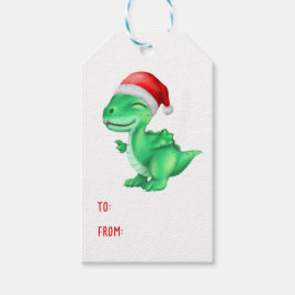 Etiqueta Para Presente Bonito Dinossauro Santa Hat Crianças Verde Natal