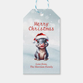 Etiqueta Para Presente Bonito Hippopotamus Santa Hat Snowy Natal
