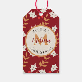 Etiqueta Para Presente Bonito Monograma Burgundy Holly Mistletoe de Natal