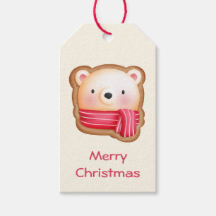 Etiqueta Para Presente Bonito Urso Rosto num Biscoito de Natal Vermelho