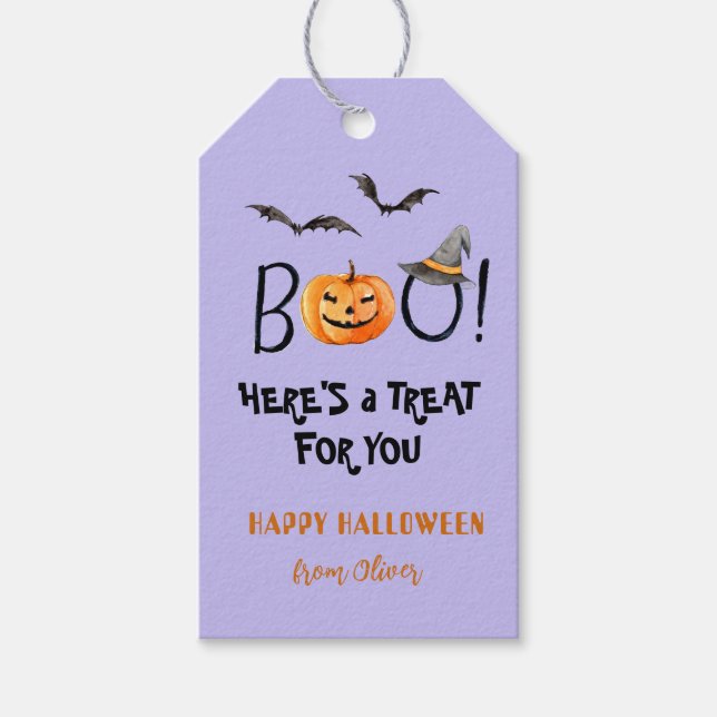 Etiqueta Para Presente BOO Feliz Halloween Pumpkin Tenta Roxo (Frente)