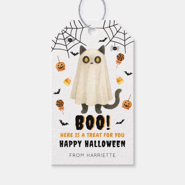 Etiqueta Para Presente Boo Happy Halloween Ghost Cat Dags (Frente)