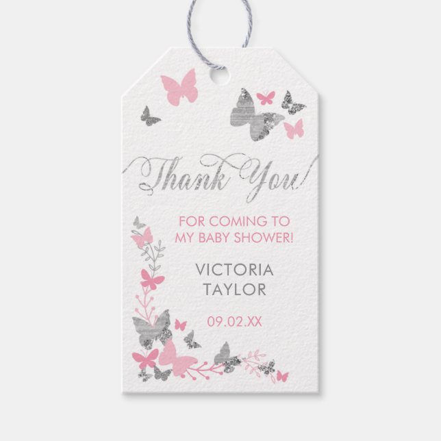 Etiqueta Para Presente Borboleta Obrigado Etiqueta, Rosa, Prata (Frente)