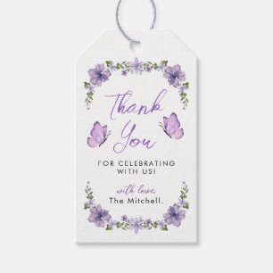Etiqueta Para Presente Borboletas Roxas Watercolor Flor Selvagem Obrigado
