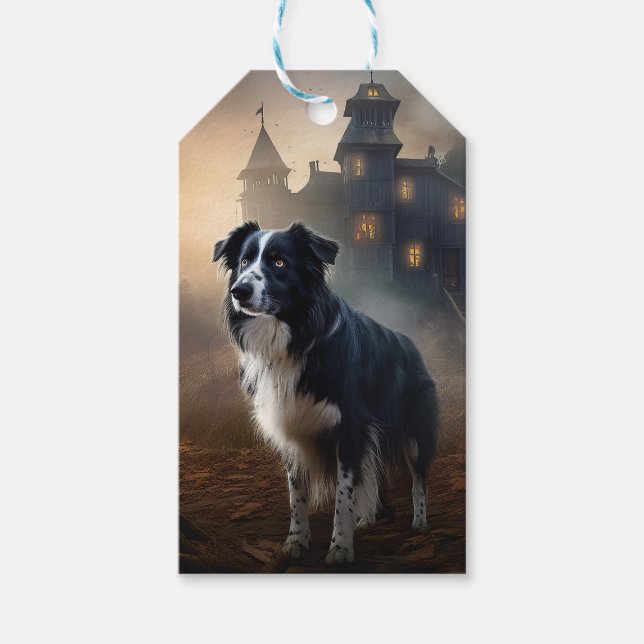 Etiqueta Para Presente Border Collie Halloween Assustador (Frente)